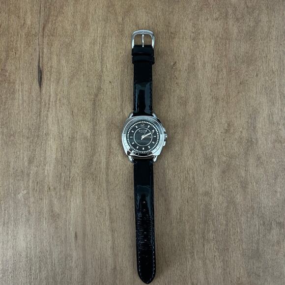 Women's Coach Boyfriend Black Patent Leather Strap Crystal Dial Watch Large - Picture 3 of 12